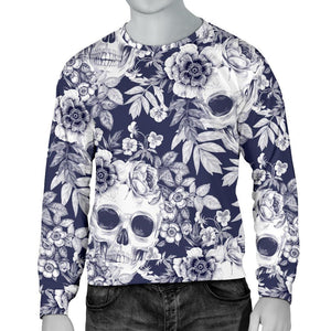 White Blue Skull Floral Pattern Print Men's Crewneck Sweatshirt GearFrost