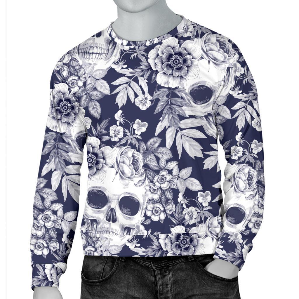 White Blue Skull Floral Pattern Print Men's Crewneck Sweatshirt GearFrost