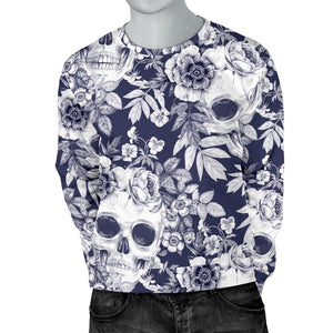 White Blue Skull Floral Pattern Print Men's Crewneck Sweatshirt GearFrost