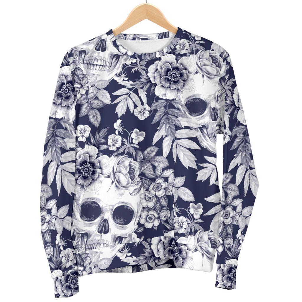 White Blue Skull Floral Pattern Print Men's Crewneck Sweatshirt GearFrost