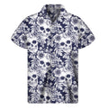 White Blue Skull Floral Pattern Print Men's Short Sleeve Shirt