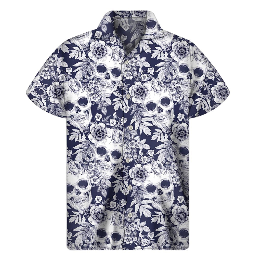 White Blue Skull Floral Pattern Print Men's Short Sleeve Shirt