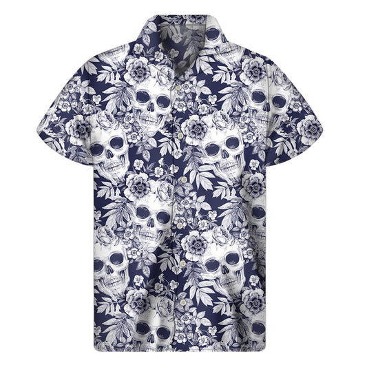 White Blue Skull Floral Pattern Print Men's Short Sleeve Shirt