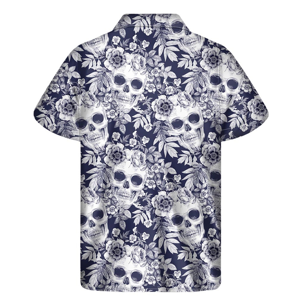 White Blue Skull Floral Pattern Print Men's Short Sleeve Shirt