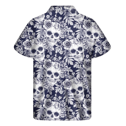 White Blue Skull Floral Pattern Print Men's Short Sleeve Shirt