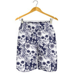 White Blue Skull Floral Pattern Print Men's Shorts