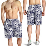 White Blue Skull Floral Pattern Print Men's Shorts