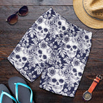 White Blue Skull Floral Pattern Print Men's Shorts