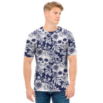 White Blue Skull Floral Pattern Print Men's T-Shirt