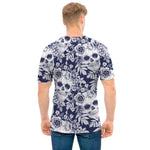 White Blue Skull Floral Pattern Print Men's T-Shirt