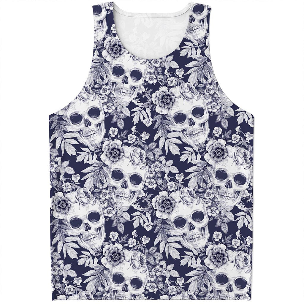 White Blue Skull Floral Pattern Print Men's Tank Top