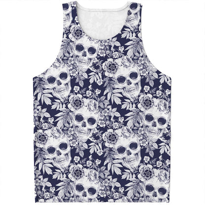 White Blue Skull Floral Pattern Print Men's Tank Top