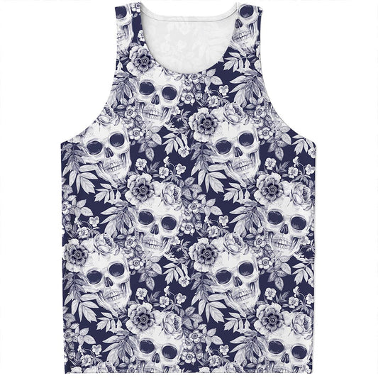 White Blue Skull Floral Pattern Print Men's Tank Top