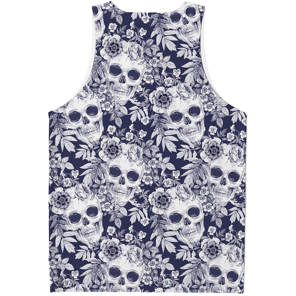 White Blue Skull Floral Pattern Print Men's Tank Top
