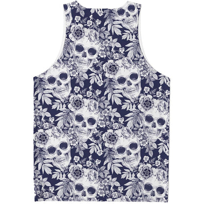 White Blue Skull Floral Pattern Print Men's Tank Top
