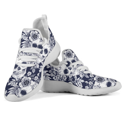 White Blue Skull Floral Pattern Print Mesh Knit Shoes GearFrost