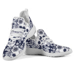 White Blue Skull Floral Pattern Print Mesh Knit Shoes GearFrost