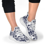 White Blue Skull Floral Pattern Print Mesh Knit Shoes GearFrost