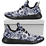 White Blue Skull Floral Pattern Print Mesh Knit Shoes GearFrost