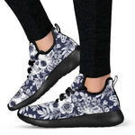 White Blue Skull Floral Pattern Print Mesh Knit Shoes GearFrost
