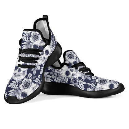 White Blue Skull Floral Pattern Print Mesh Knit Shoes GearFrost