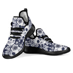 White Blue Skull Floral Pattern Print Mesh Knit Shoes GearFrost