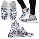 White Blue Skull Floral Pattern Print Mesh Knit Shoes GearFrost
