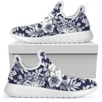 White Blue Skull Floral Pattern Print Mesh Knit Shoes GearFrost
