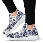 White Blue Skull Floral Pattern Print Mesh Knit Shoes GearFrost