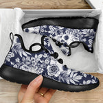 White Blue Skull Floral Pattern Print Mesh Knit Shoes GearFrost