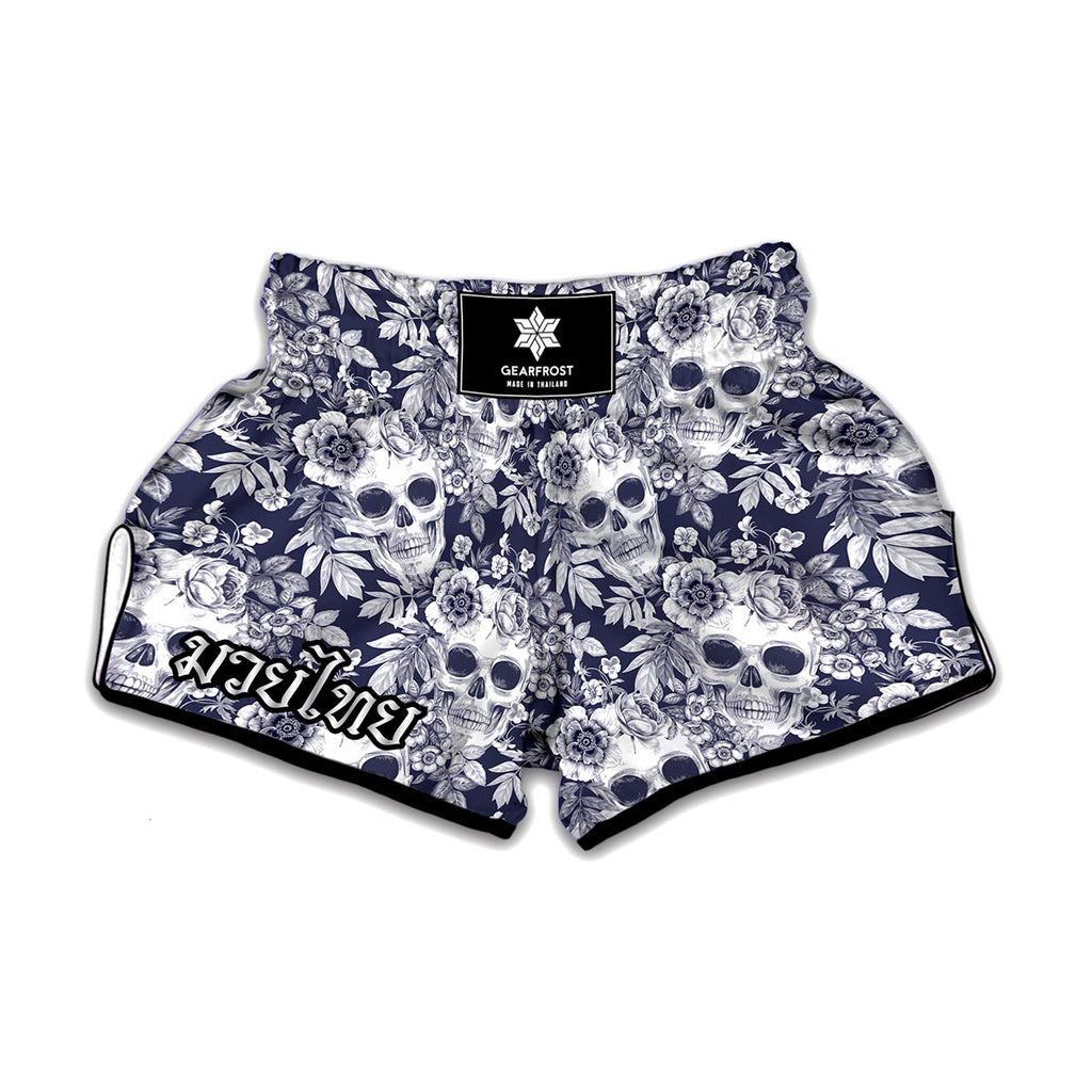 White Blue Skull Floral Pattern Print Muay Thai Boxing Shorts