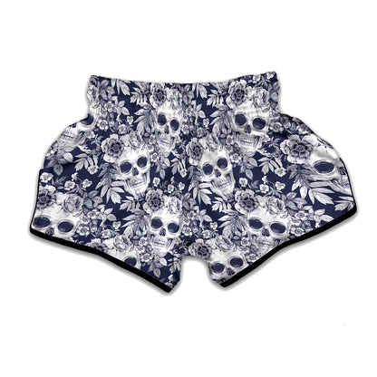 White Blue Skull Floral Pattern Print Muay Thai Boxing Shorts