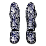 White Blue Skull Floral Pattern Print Muay Thai Shin Guard