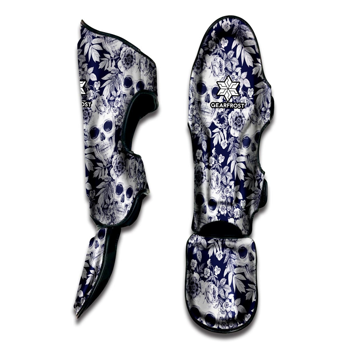 White Blue Skull Floral Pattern Print Muay Thai Shin Guard