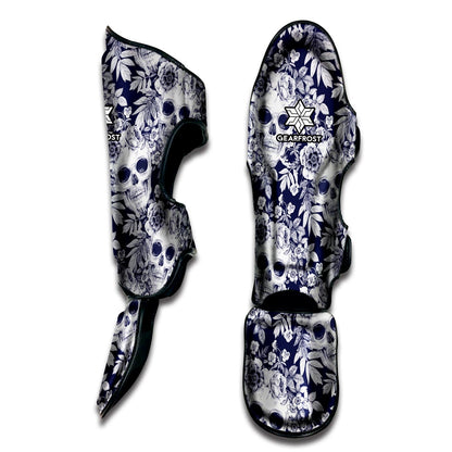 White Blue Skull Floral Pattern Print Muay Thai Shin Guard
