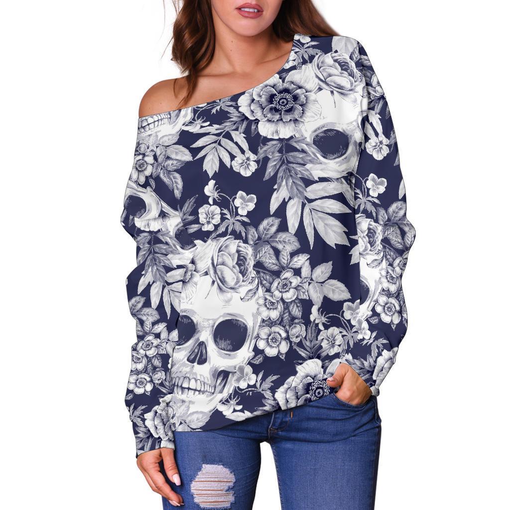 White Blue Skull Floral Pattern Print Off Shoulder Sweatshirt GearFrost