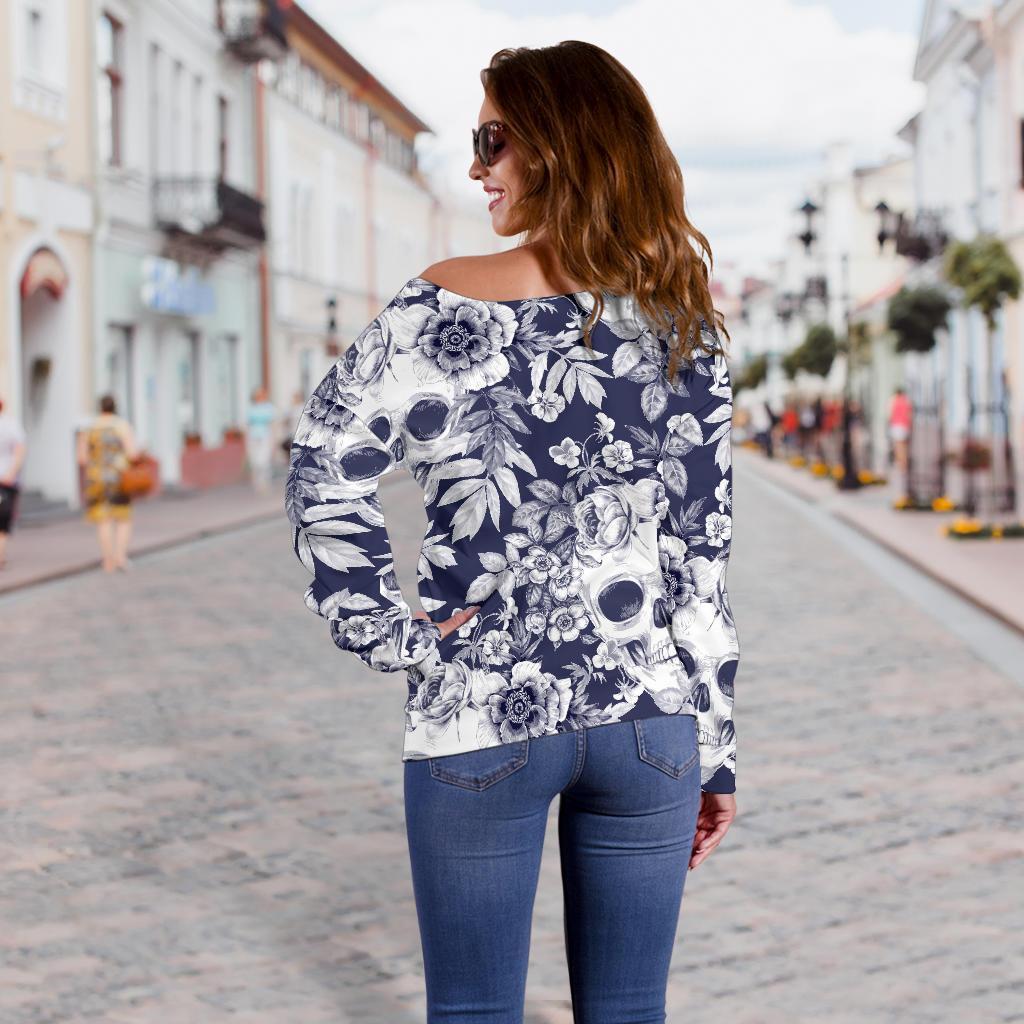 White Blue Skull Floral Pattern Print Off Shoulder Sweatshirt GearFrost