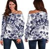 White Blue Skull Floral Pattern Print Off Shoulder Sweatshirt GearFrost