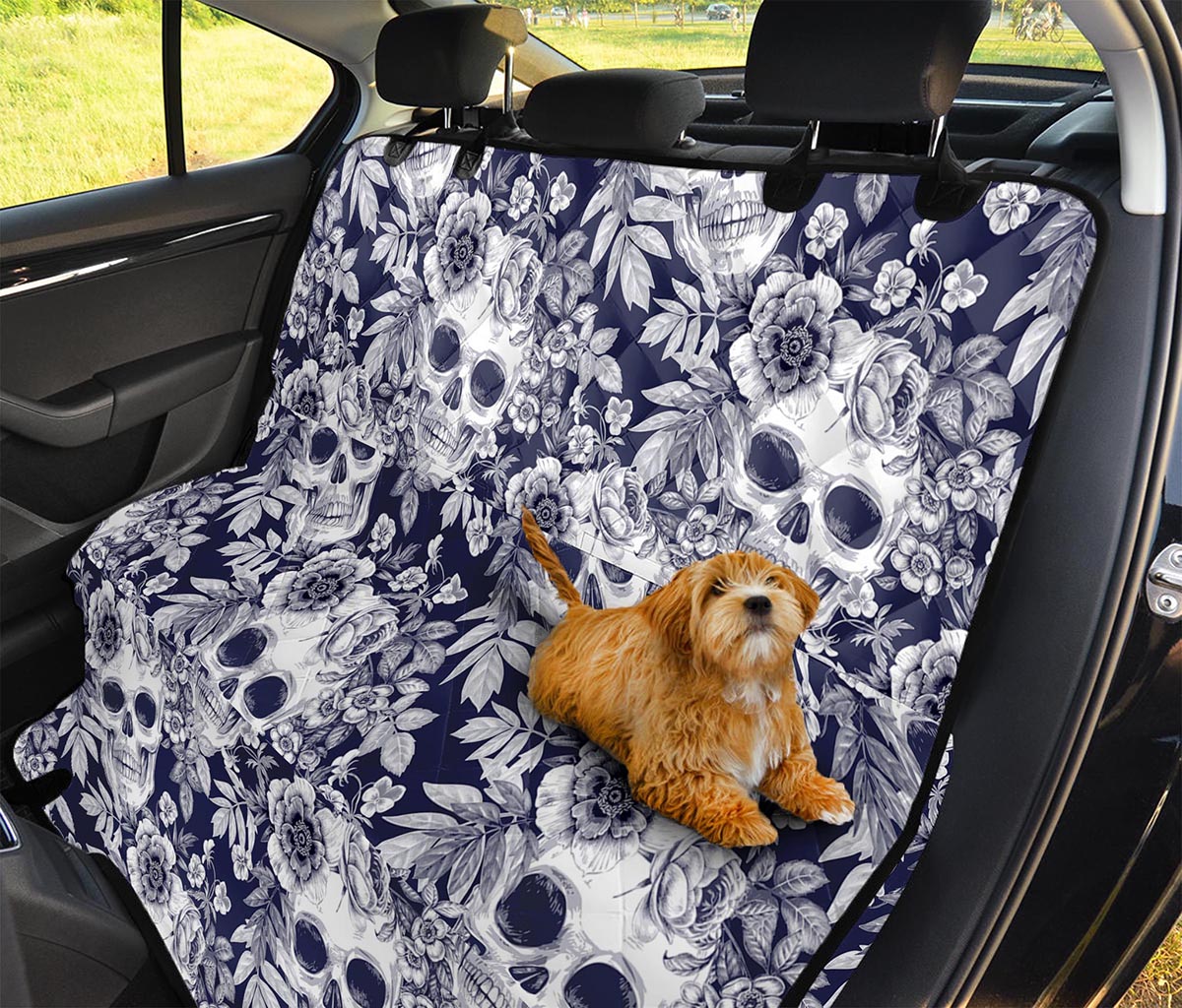 White Blue Skull Floral Pattern Print Pet Car Back Seat Cover