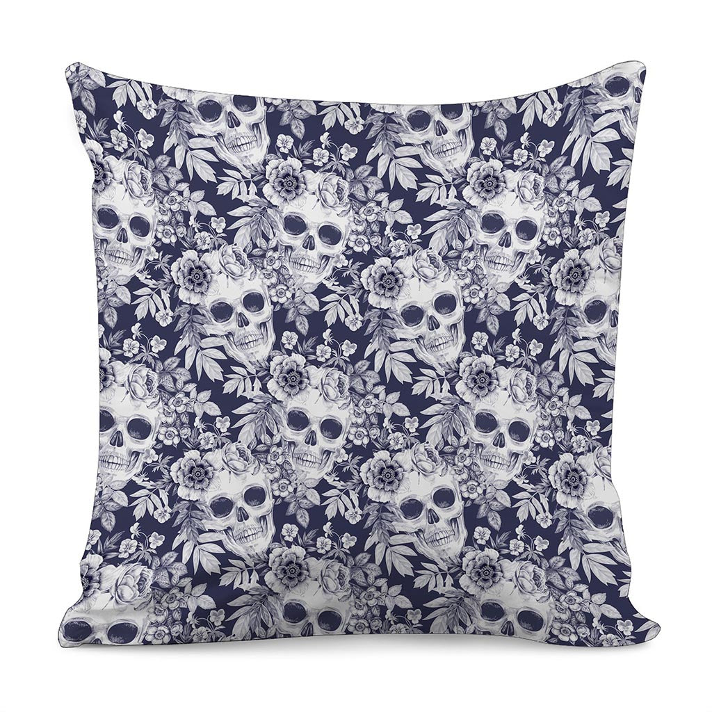 White Blue Skull Floral Pattern Print Pillow Cover