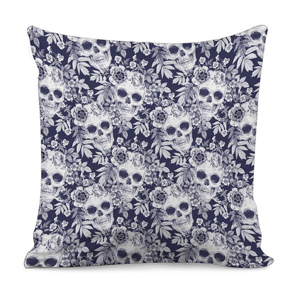 White Blue Skull Floral Pattern Print Pillow Cover