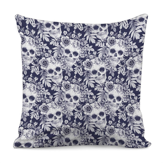White Blue Skull Floral Pattern Print Pillow Cover