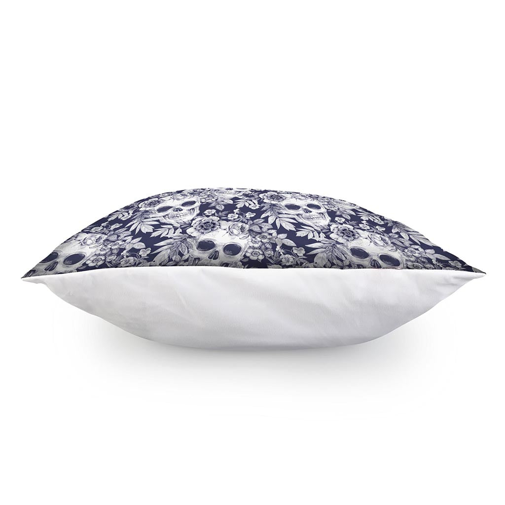 White Blue Skull Floral Pattern Print Pillow Cover