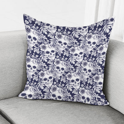 White Blue Skull Floral Pattern Print Pillow Cover