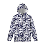 White Blue Skull Floral Pattern Print Pullover Hoodie