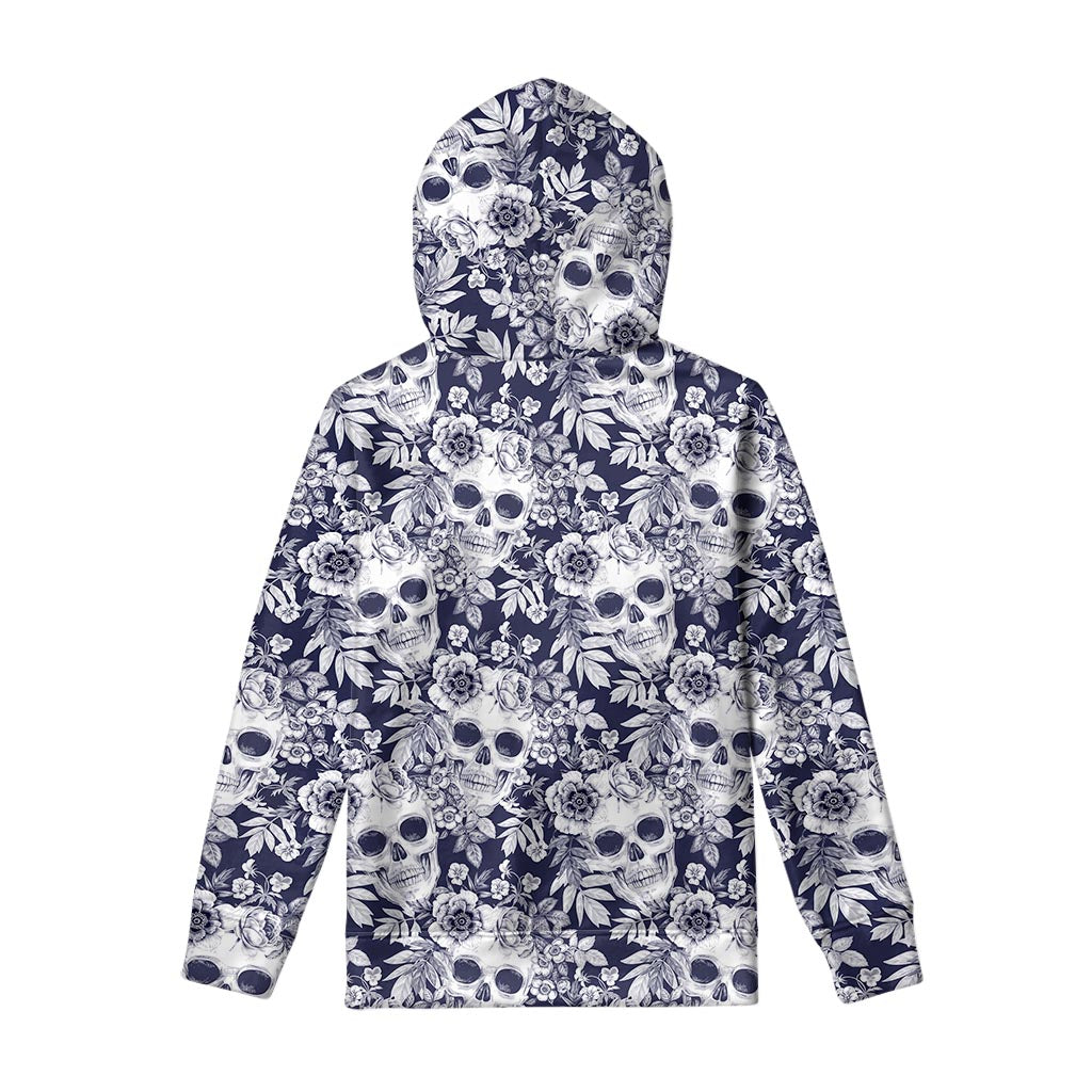 White Blue Skull Floral Pattern Print Pullover Hoodie
