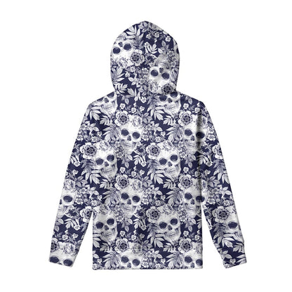 White Blue Skull Floral Pattern Print Pullover Hoodie
