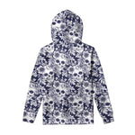 White Blue Skull Floral Pattern Print Pullover Hoodie