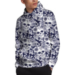 White Blue Skull Floral Pattern Print Pullover Hoodie