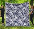 White Blue Skull Floral Pattern Print Quilt